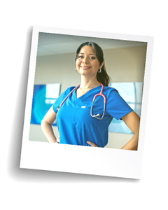 Clinician in scrubs with stethoscope