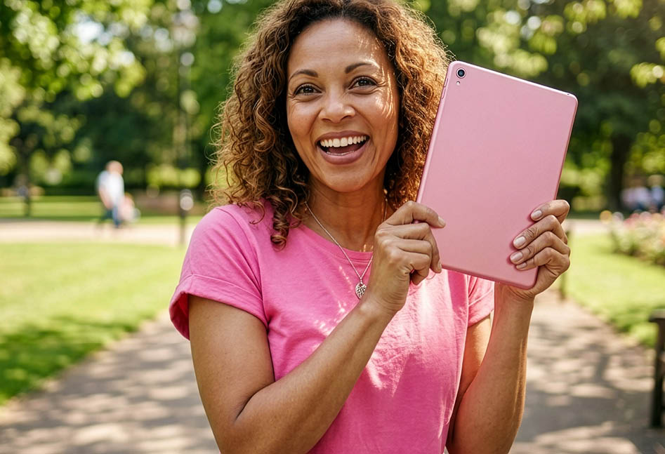 Woman holding pink tablet