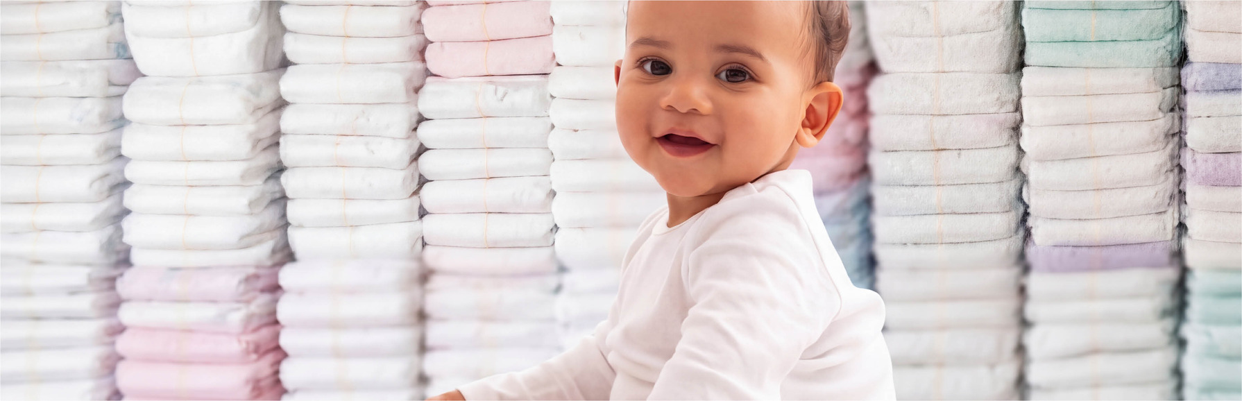 Baby sitting in front of stacked diapers