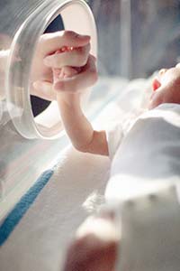 parent holding baby's hand in NICU